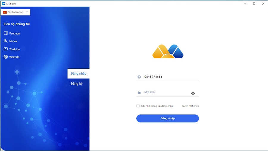 Giao diện đăng nhập phần mềm