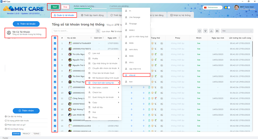Chọn tài khoản chạy-> start