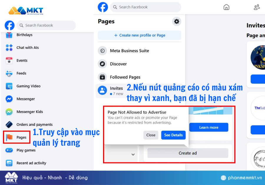 Kiểm tra hạn chế quảng cáo qua mục Quản lý trang